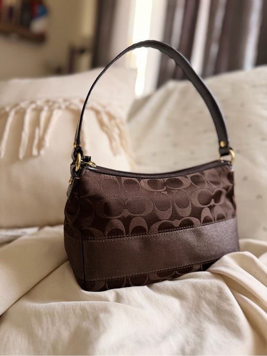 Coach Handbags - Coach Chocolate Brown Signature Jacquard Shoulder Baguette Bag